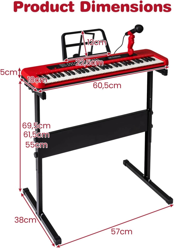 Tastiera elettronica per bambini di 3 anni+, microfono e leggio, pianoforte digitale 61 tasti con supporto regolabile, pianoforte elettronico, 200 toni e ritmi, 20 demo (rosso)