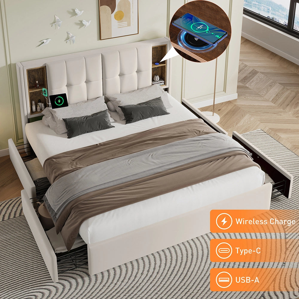 Letto imbottito 160x200 - Xylo - Beige, 4 cassetti, ricarica USB wireless