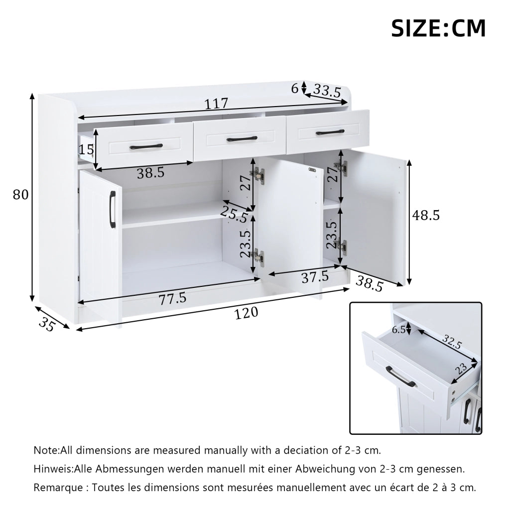 Credenza con 3 ante e 3 cassetti; ripiani regolabili - per soggiorno - bianco