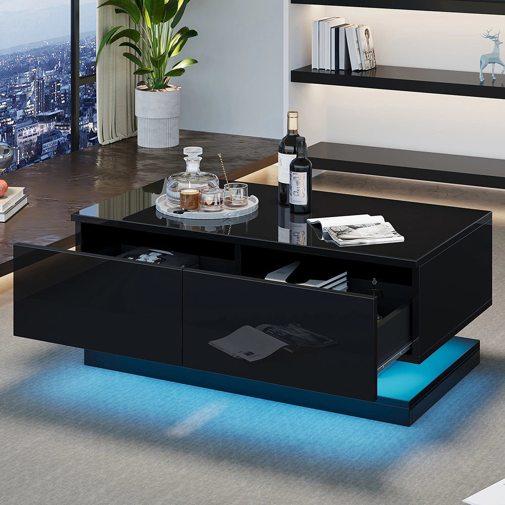 Tavolino-Xylo-90x50x38cm nero 2 cassetti LED controllo app