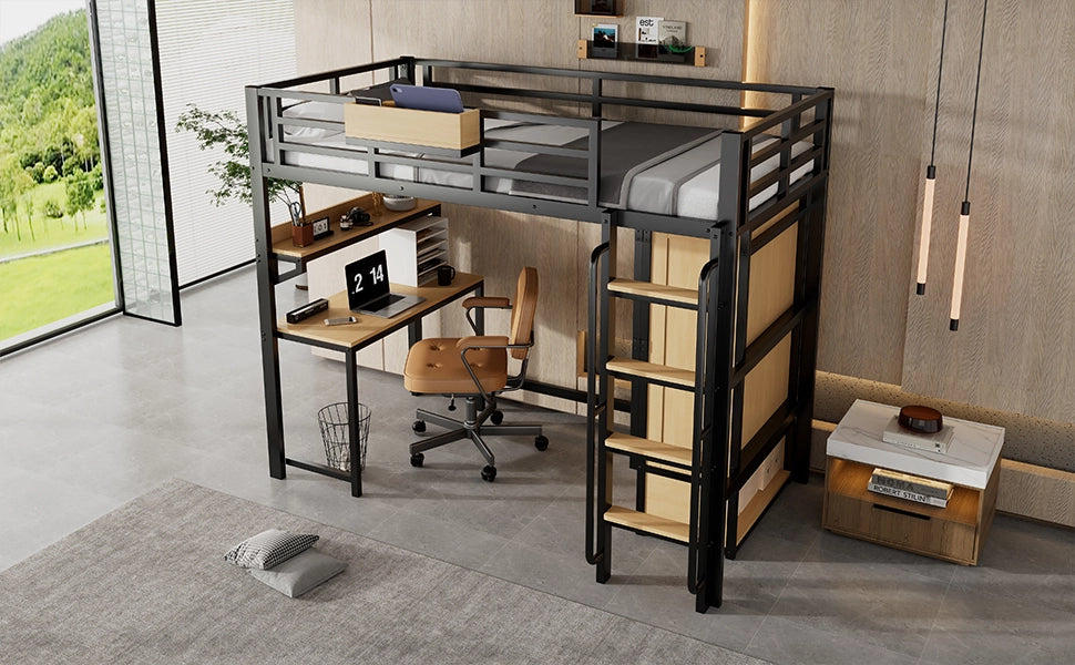 Letto alto ferro armadio doppia porta scala corrimano scrivania nicchie ferro MDF nero naturale 90x200 cm