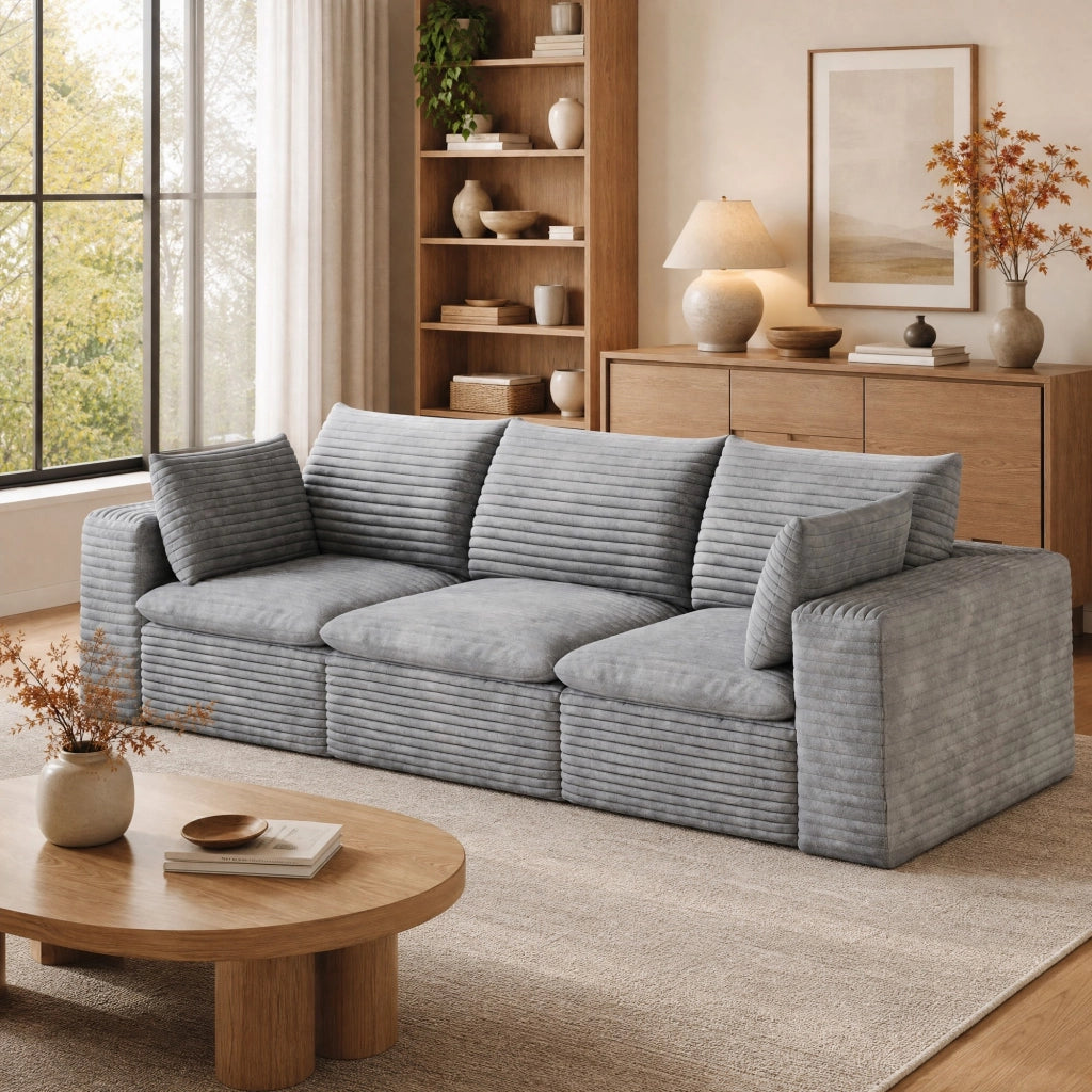 Divano modulare in tessuto grigio con imbottitura in schiuma e design componibile