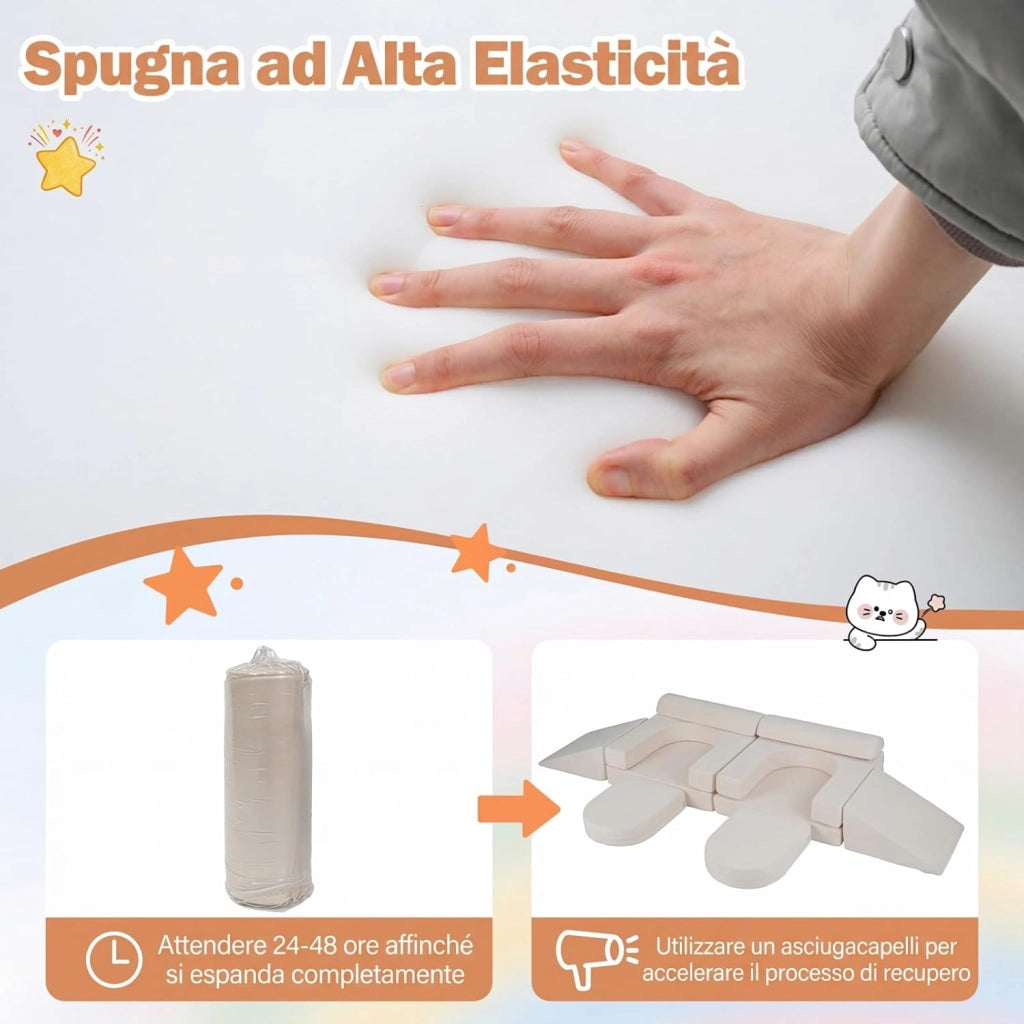 Divano da Gioco per Bambini Trasformabile, Poltrona Modulare a 10 Pezzi, Tessuto Suede e Schiuma ad Alta Elasticità, Divanetto per Bambini 3+ Anni, per Camerette, Soggiorno e Studio (Beige)