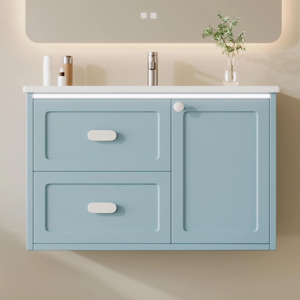 Mobile bagno sospeso 76x46x51 cm blu con lavabo integrato in ceramica, 2 cassetti e luce LED con sensore radar