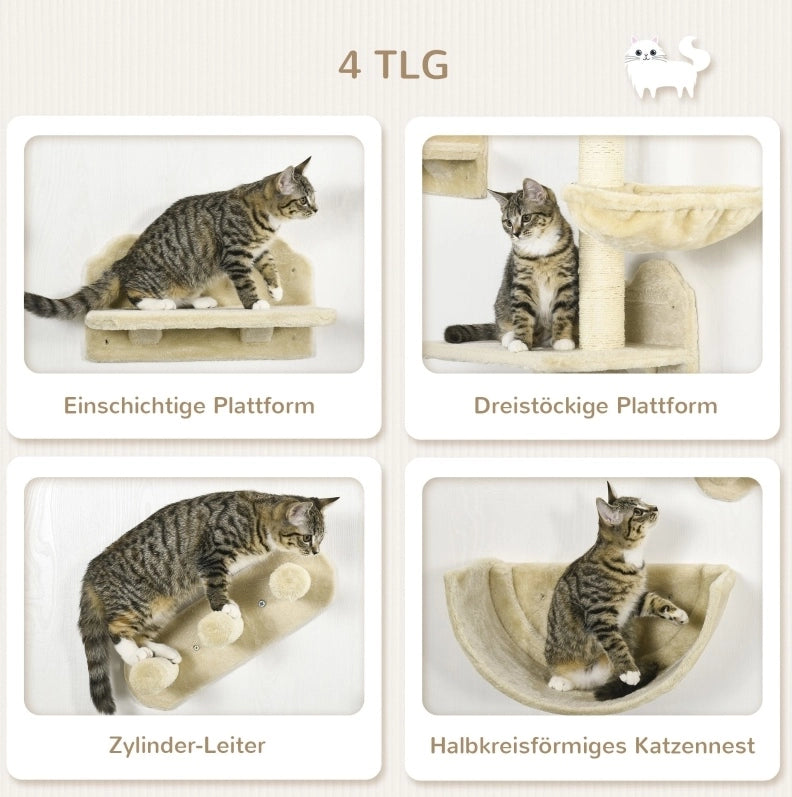 Parete tiragraffi per gatti beige a 4 elementi con piattaforme e amaca