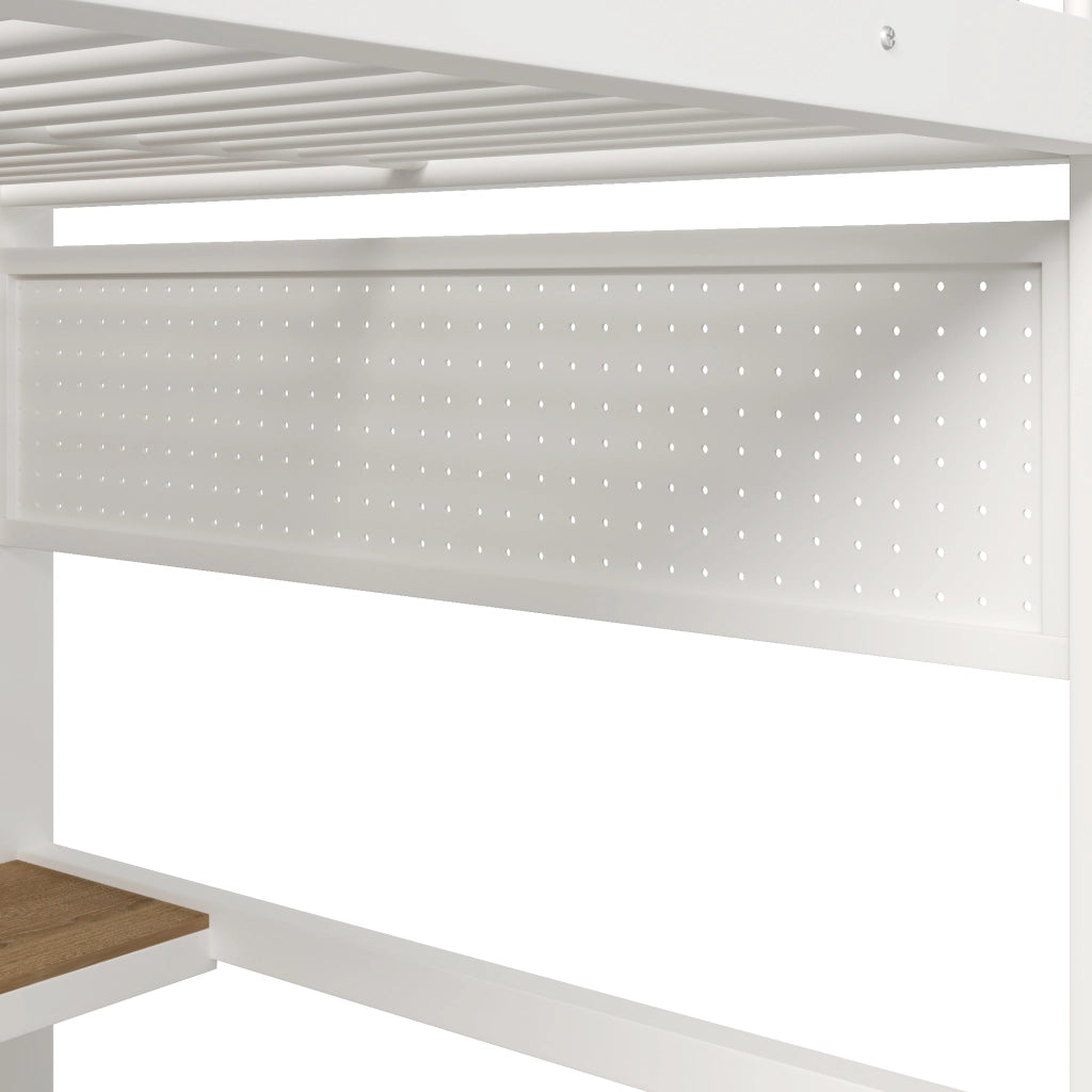 LETTO a soppalco 140x200 cm in metallo bianco con scrivania, LED e ripiani