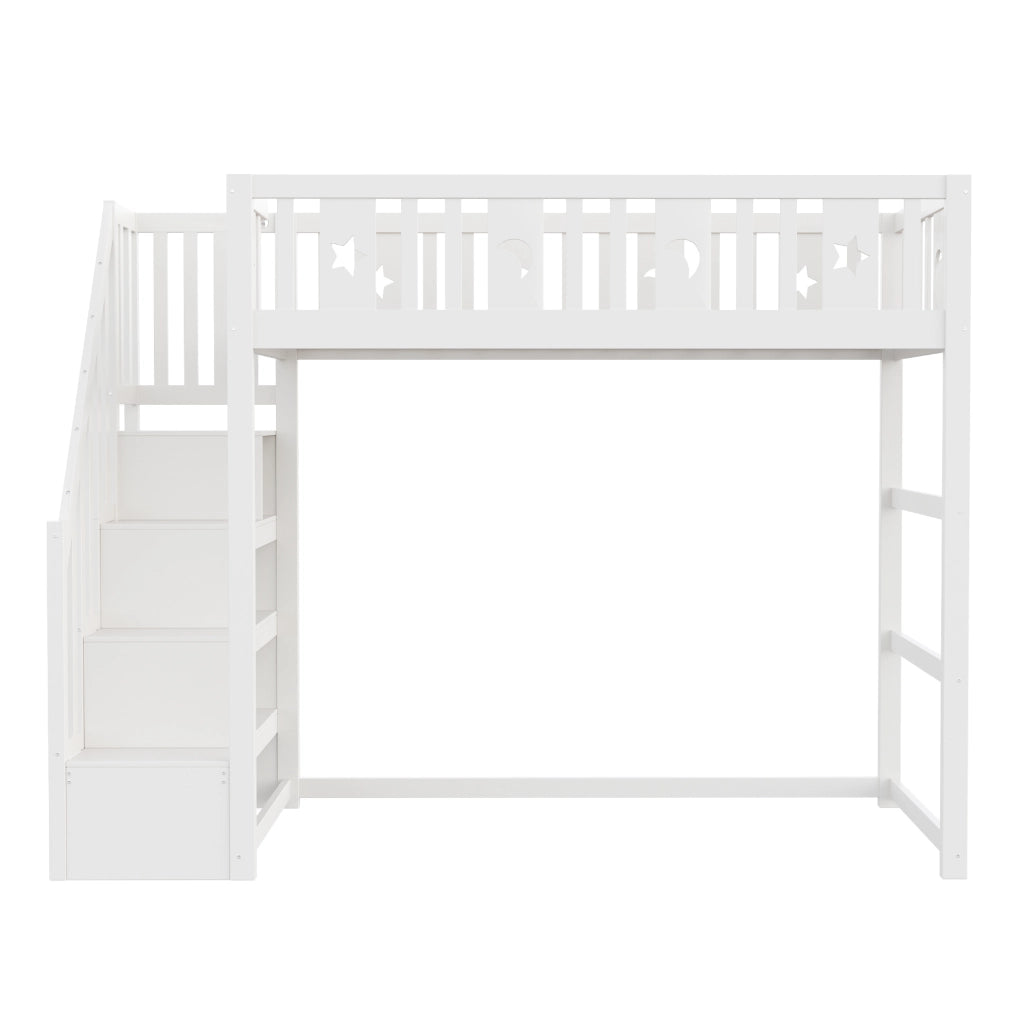 Letto a soppalco 90x200 cm bianco in legno con scala e ripiani