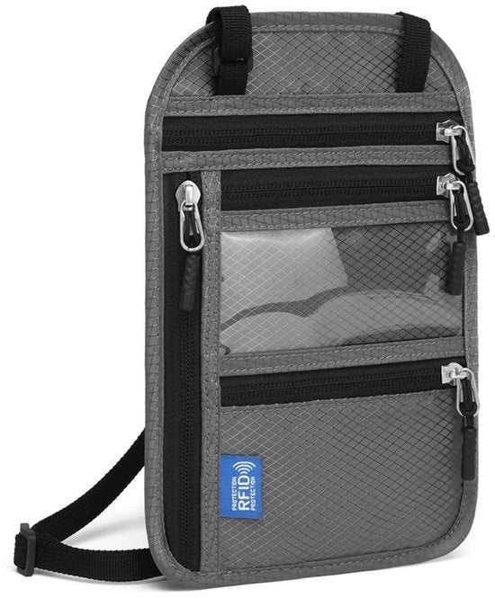 Portamonete per viaggio con protezione RFID, portamonete acqua resistente, contenitore per documenti di viaggio, tasca di stoccaggio con cinturino regolabile, misura 15x0,5x24cm