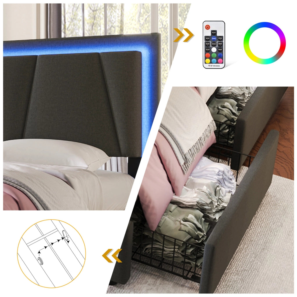 Letto matrimoniale 160 × 200 cm con LED, testiera regolabile e 4 cassetti, senza materasso, grigio