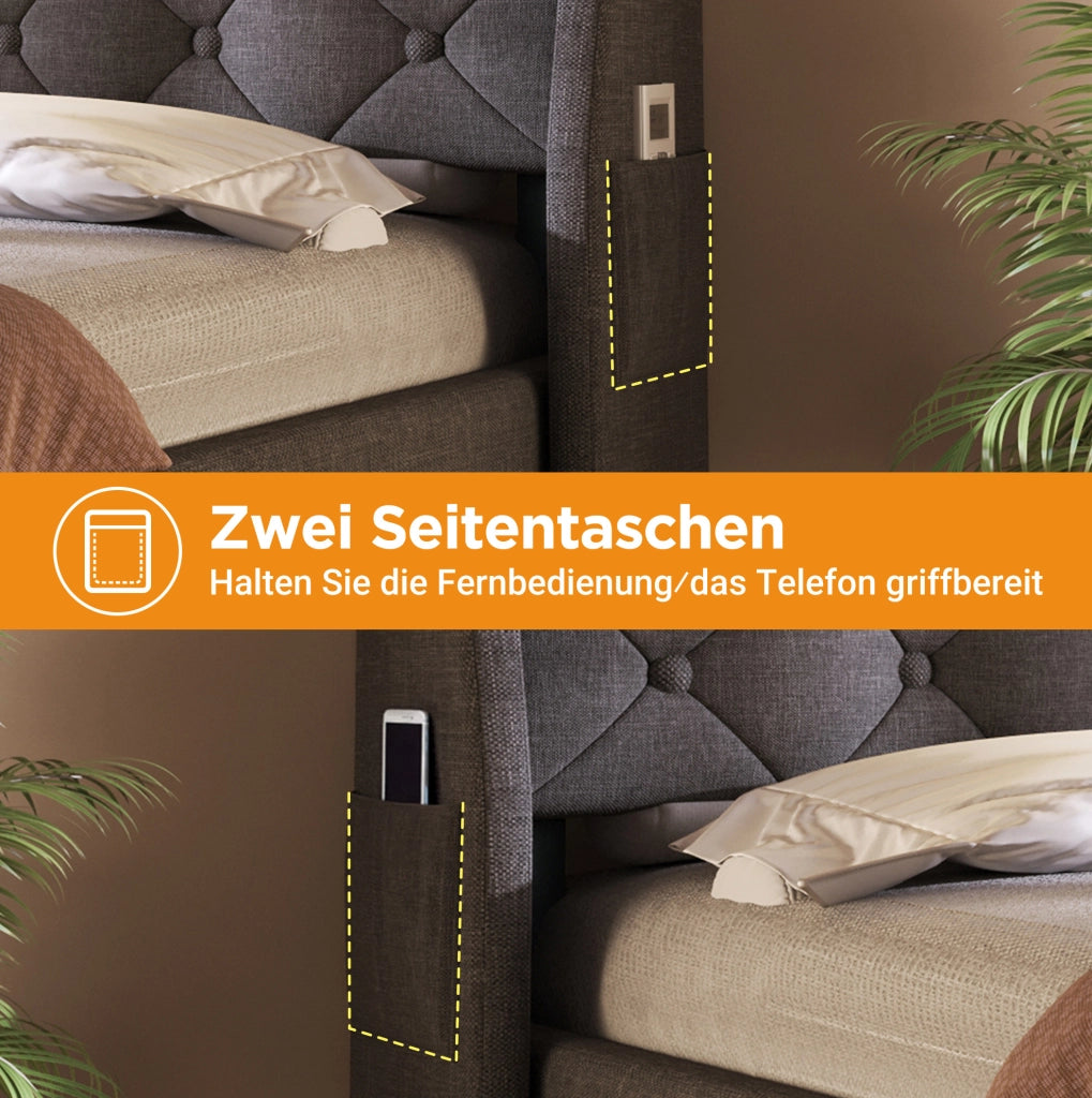 Letto matrimoniale imbottito 160x200 cm in lino grigio con contenitore; LED e presa USB/Type-C; con materasso