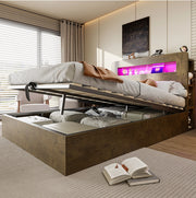 Letto 140x200 cm con contenitore idraulico; LED e prese in legno colore naturale