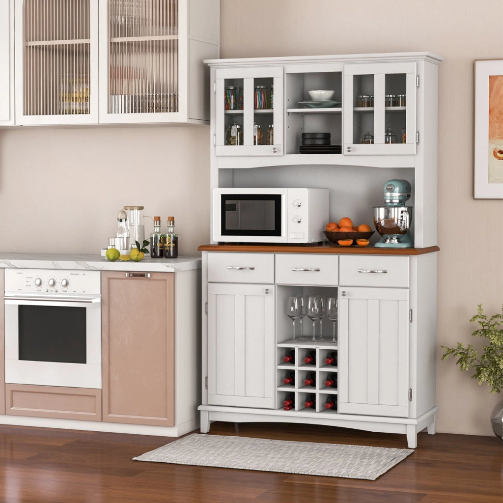 Credenza alta con ante in vetro temperato portabottiglie ripiani regolabili 3 cassetti-Mobile dispensa da cucina