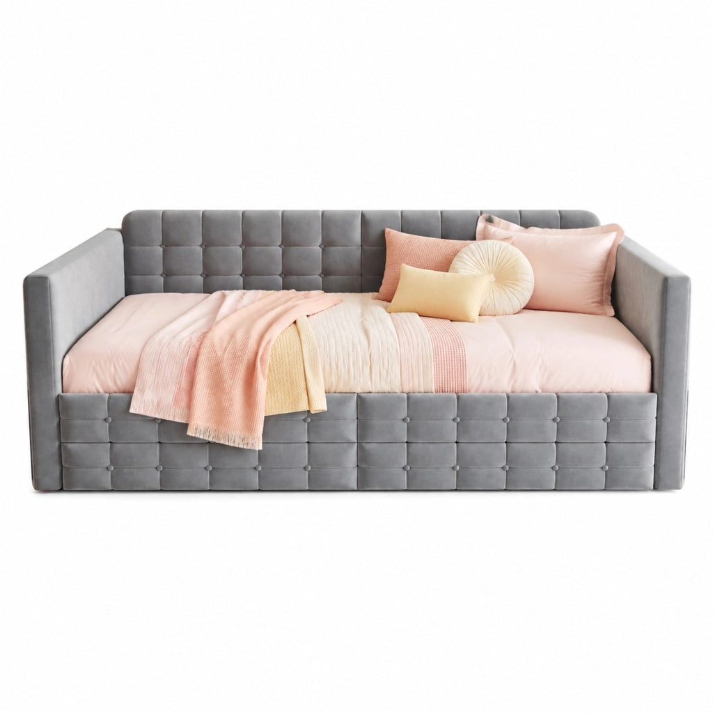 Letto imbottito 90x190 cm grigio con contenitore, tasche laterali, 2 cassetti e rete a doghe