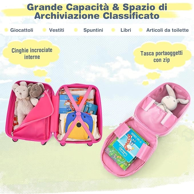 Set di Valigia per Bambini, 16" Valigia+ 12" Zaino, 2 Pezzi, con Ruote Girevoli a 360° e Maniglia Retrattile, Ideale per Viaggiare in Modo Comodo e Divertente (Modello 14)