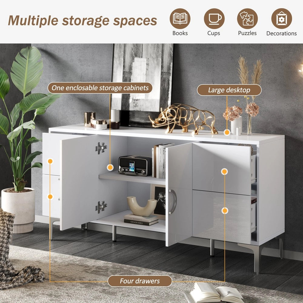 Credenza con 4 Cassetti e 2 Ante ¨C MINIMAL ¨C Bianco Lucido MDF 150x38x59.5