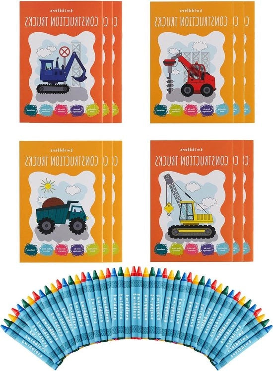 Libretti di colore per bambini formato A5 con 48 matite e 12 adesivi - Tema veicoli da costruire - Regali per matrimoni e compleanni - Uffici distribuzione di gadget e trucchi con gadget da regalare