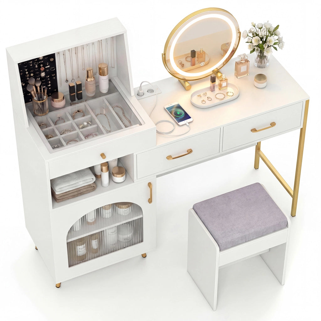 Tavolo trucco specchio luci 3 modalità vetro 3 cassetti-Tavolo trucco 120 slot 10 ganci scomparto armadietto sgabello