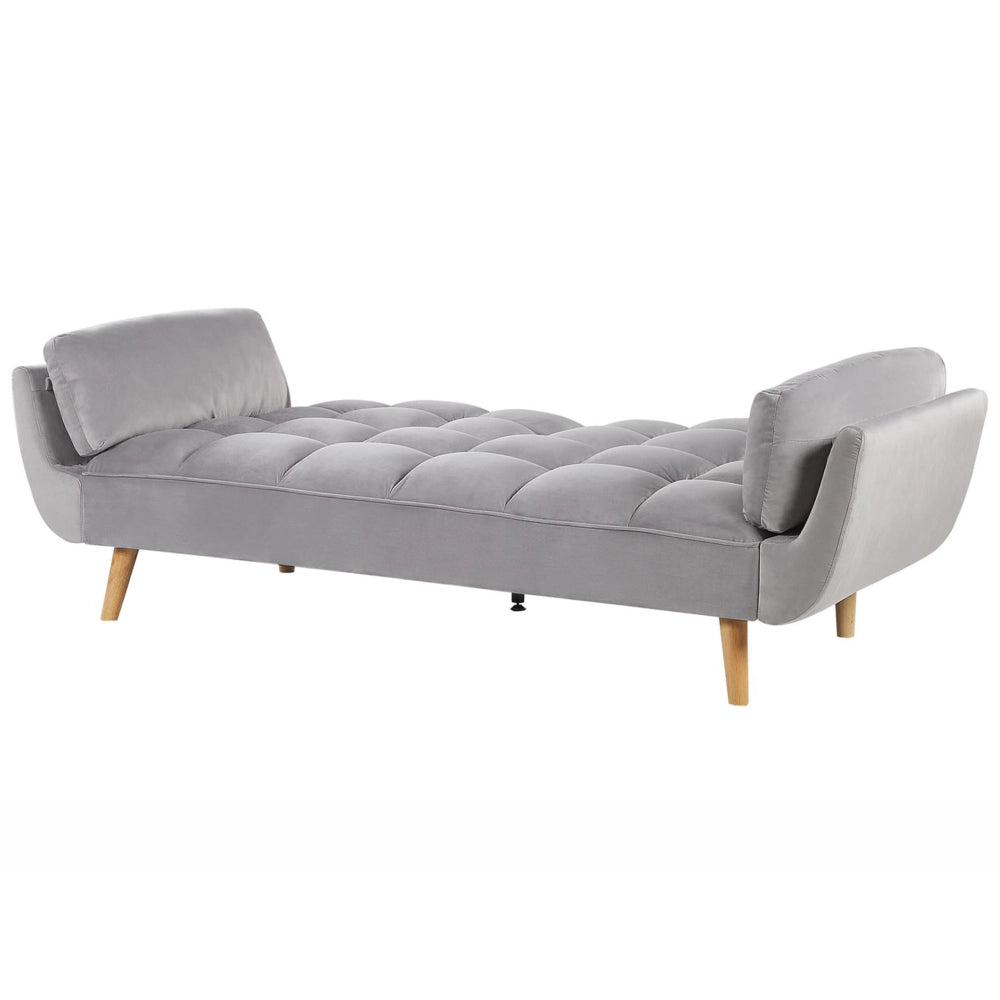 Divano Letto Tessuto Velluto Grigio Chiaro Gambe In Legno A 3 Posti Imbottitura In Schiuma Imbottitura Biscuit Schienale Diviso