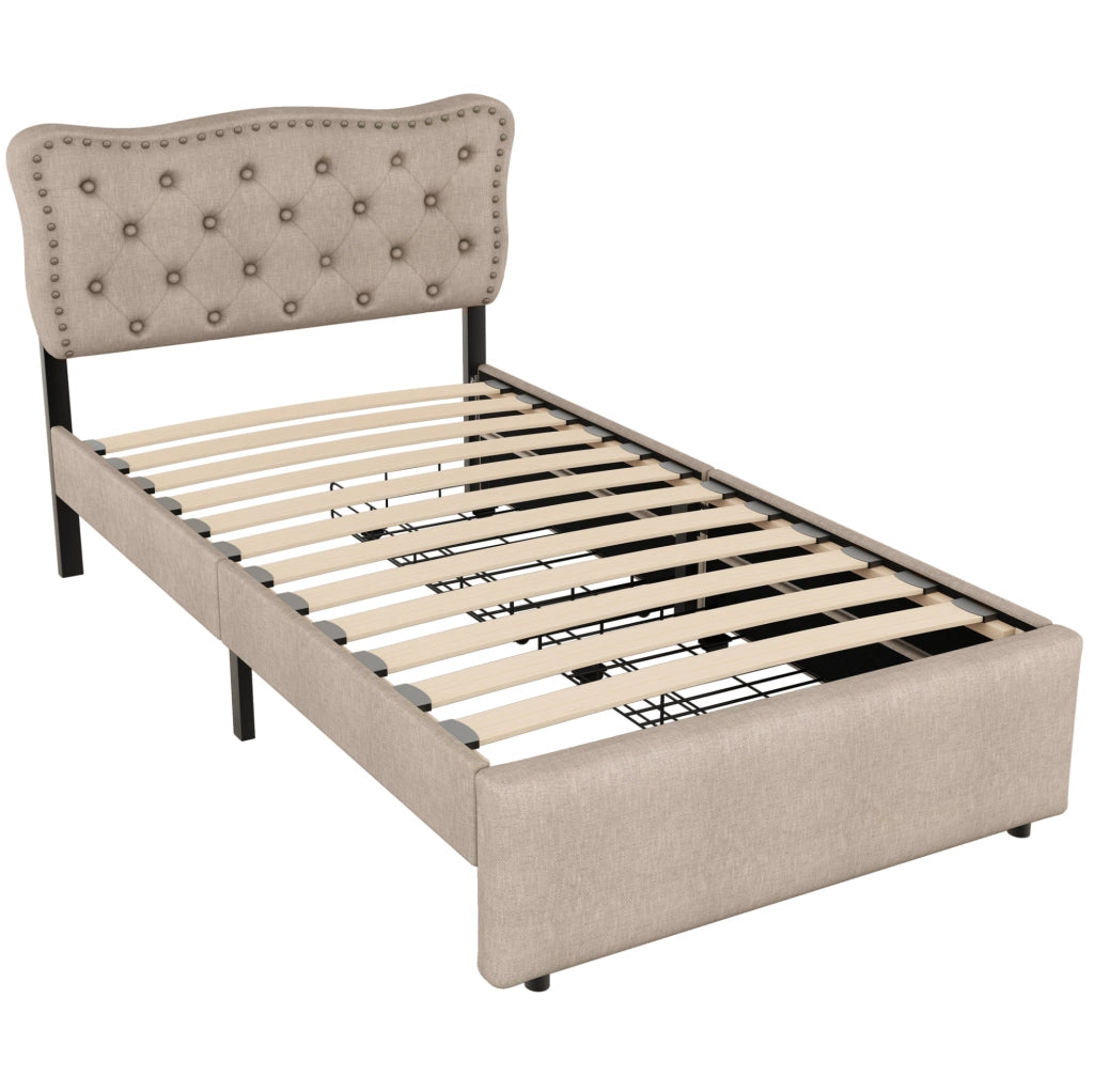 Letto imbottito 90x200 cm; testiera regolabile e 2 cassetti; MDF e lino; beige marrone