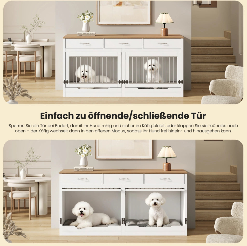Mobile gabbia per cani in MDF e metallo con divisorio e 3 cassetti