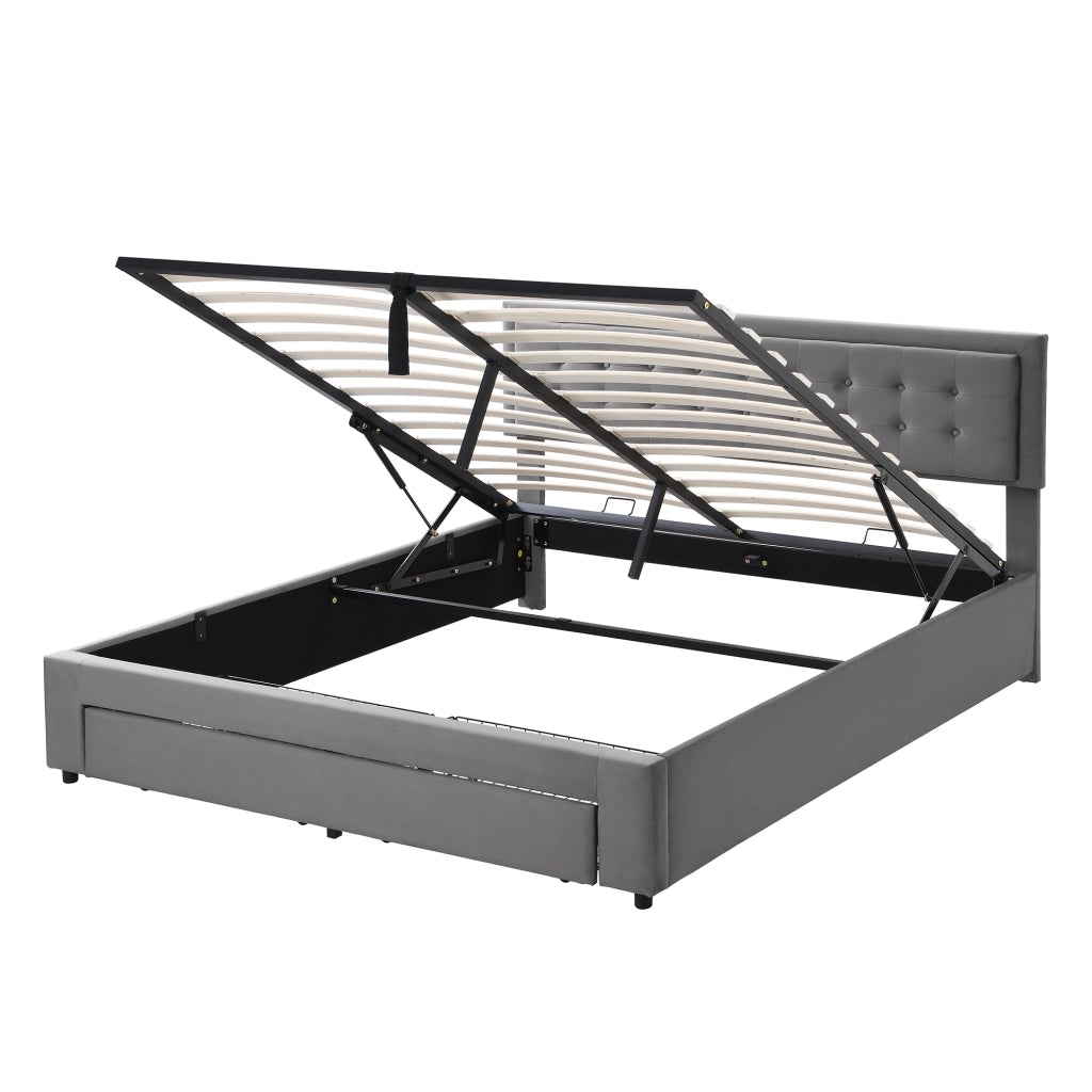 Letto imbottito in velluto grigio 160x200 cm con contenitore, testiera regolabile e struttura stabile