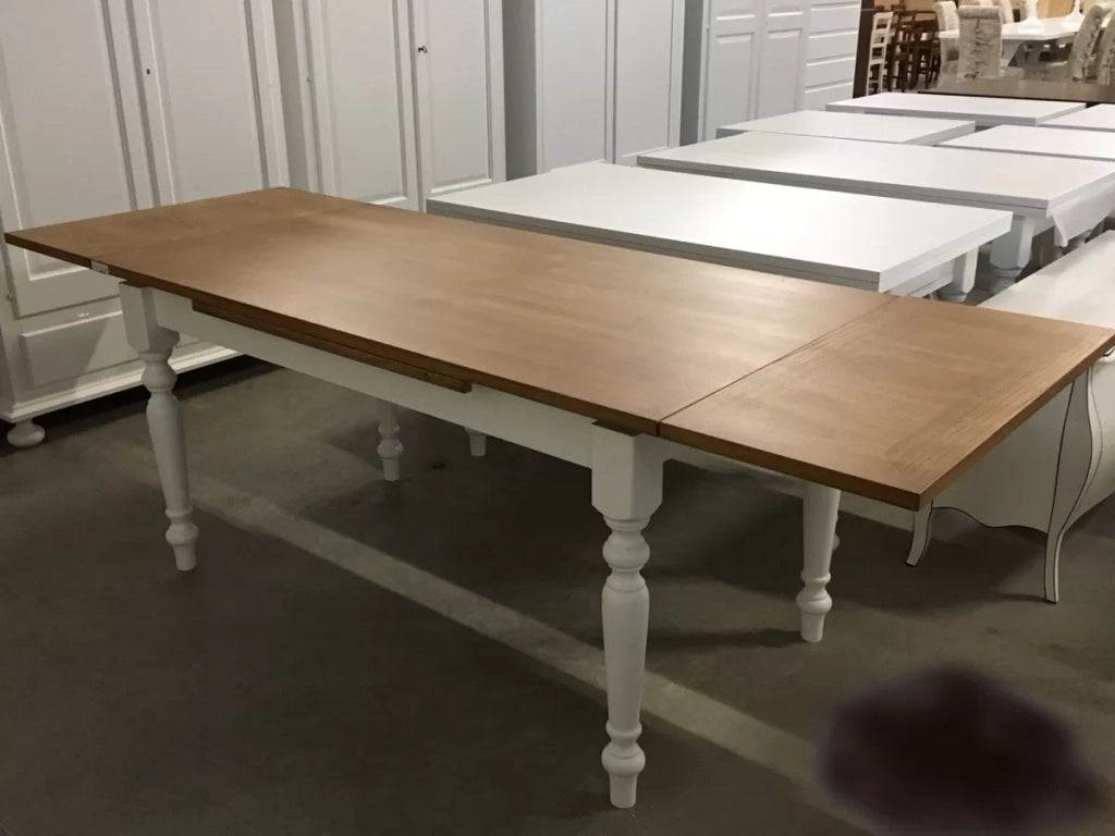 Tavolo da pranzo legno allungabile country chic piano rovere e bianco 140x85 h.78 (716) - Mobili 2G
