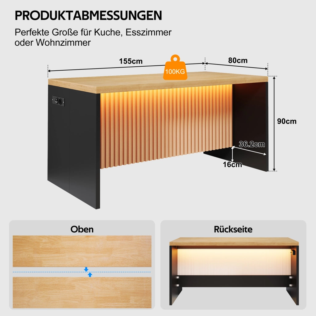 ISOLA CUCINA con illuminazione LED, prese e USB 155x80x90 cm MDF Nero/Naturale