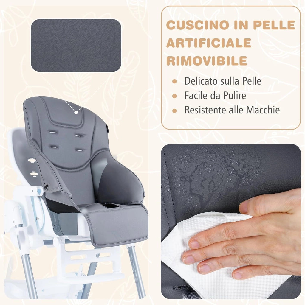 Seggiolone Pappa Portatile, con Altezza Regolabile, Schienale Reclinabile e Vassoio Rimovibile, Seggiolone Evolutivo Pieghevole con Cintura e 2 Ruote, per Bambini 6-36 Mesi (Grigio Scuro)