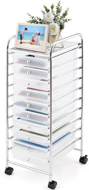 Carrello con 10 Cassetti da Stoccaggio, Cassettiera di Metallo e Plastica, Contenitore Multiuso con Ruote a Freno, per Casa e Ufficio (Trasparente)