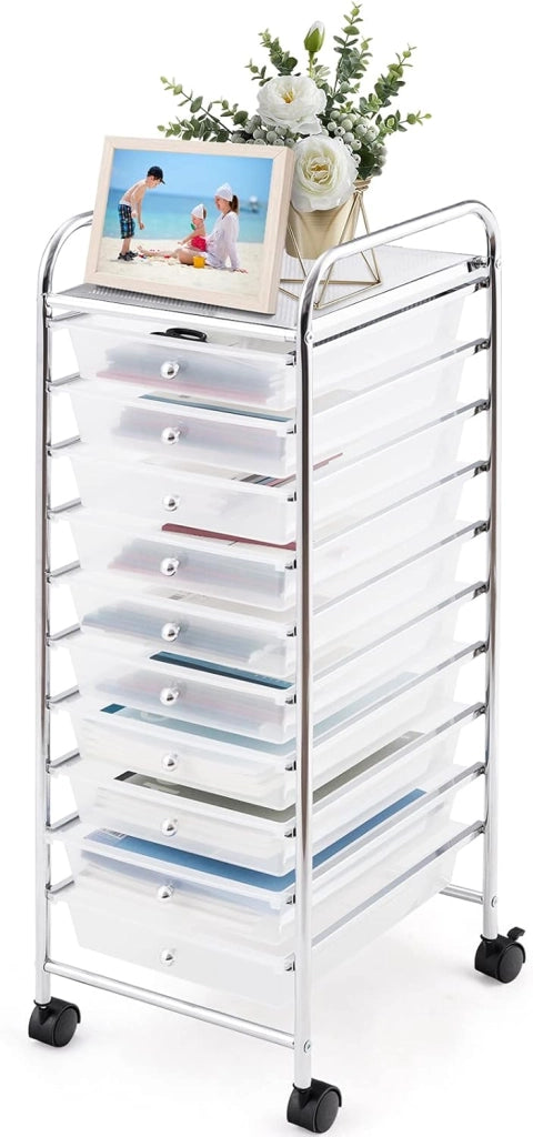 Carrello con 10 Cassetti da Stoccaggio, Cassettiera di Metallo e Plastica, Contenitore Multiuso con Ruote a Freno, per Casa e Ufficio (Trasparente)