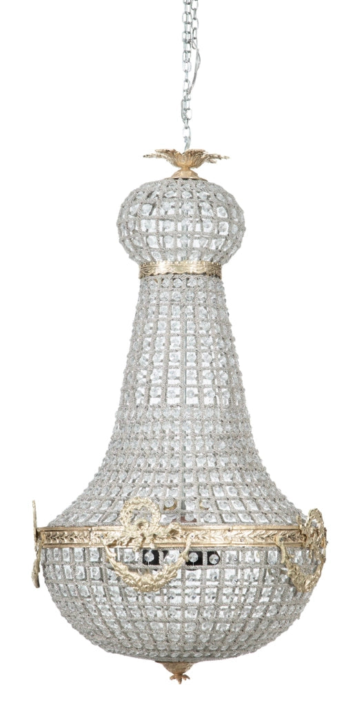 Biscottini Lampadario in fusione di ottone e gemme in cristallo Diam. 50XH100 cm struttura