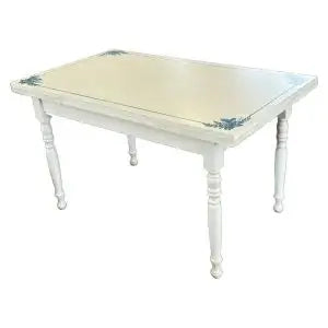 Tavolo duetto gambe tornite bianco anticato decorato con profili blu