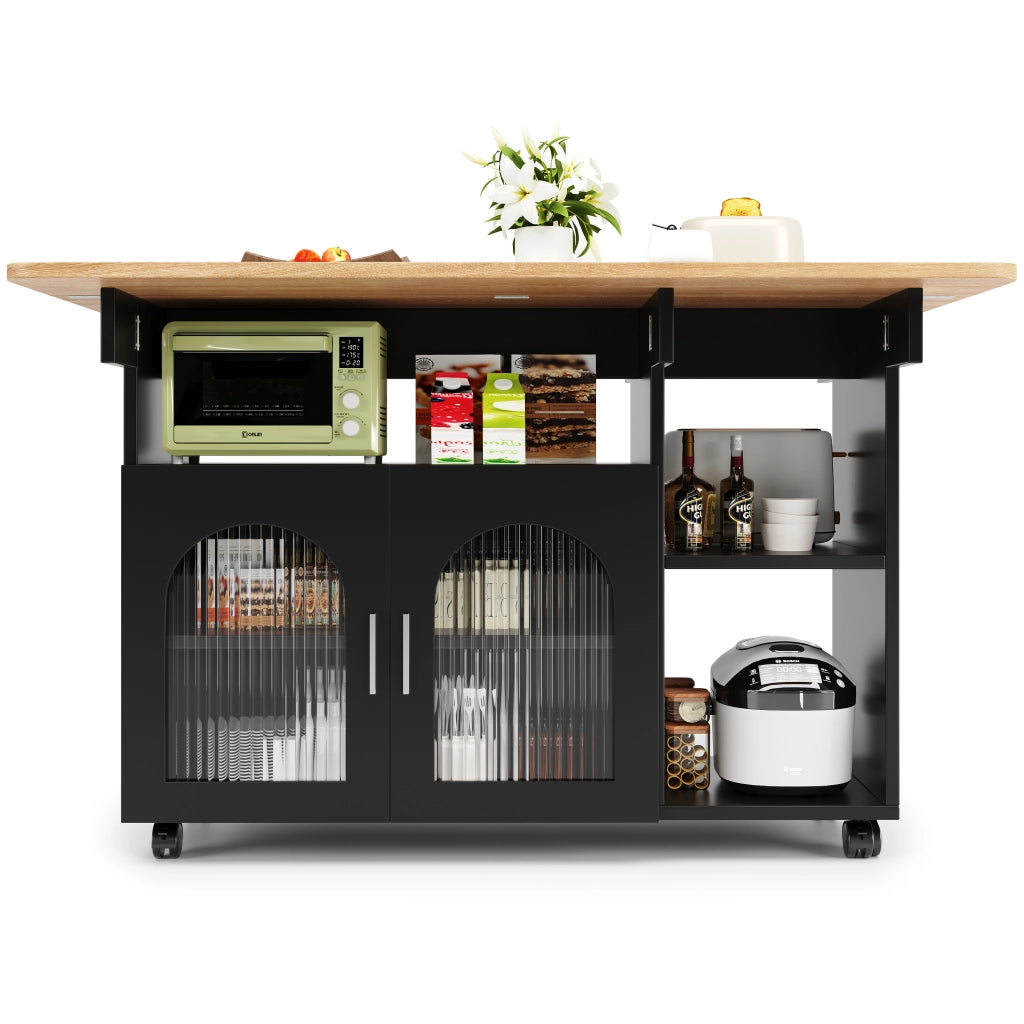 OKWISH Carrello da cucina con 2 ante, ripiani aperti, piano ribaltabile e ruote, 120 x 30 x 79.5 cm, nero