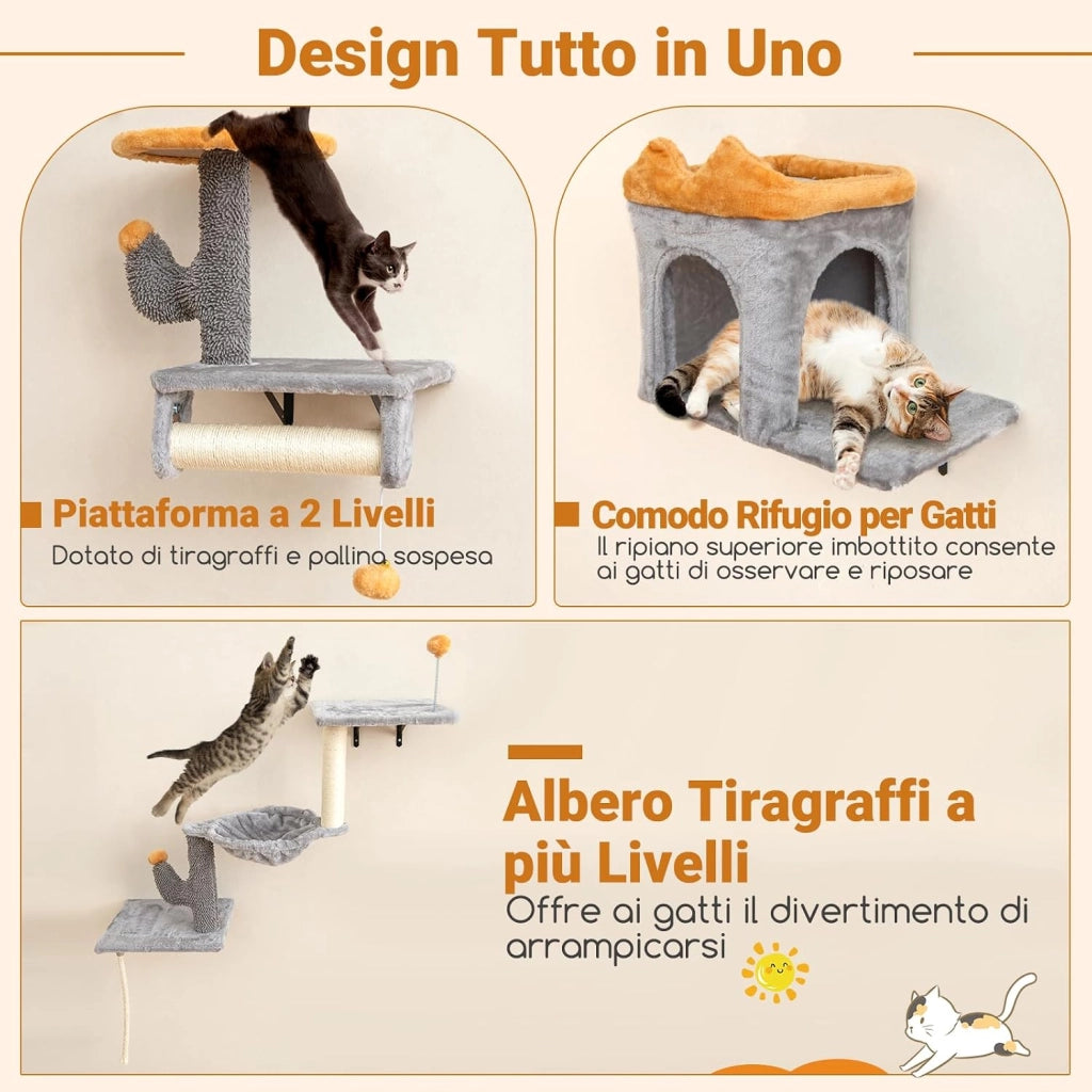 Set Albero per Gatti da Parete, Set Albero Tiragraffi Salvaspazio con Piattaforme, 2 Comode Cuccie, 1 Letto Comodo e 1 Tavola Graffio, Centro Attività per Gattini per Soggiorno