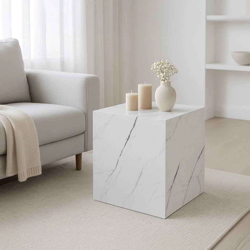 Tavolino Ellelu a Forma di Cubo 45 x 40 x 40 cm - Effetto Marmo Bianco [en.casa]