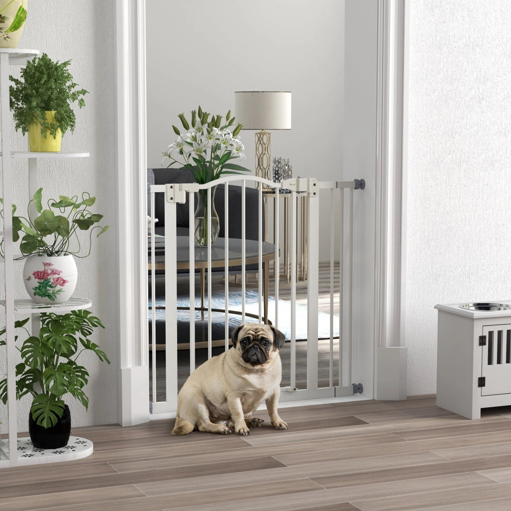 Cancelletto per Cani Estensibile 74-87x78 cm con 2 Blocchi e Chiusura Automatica in Metallo e Plastica Bianco