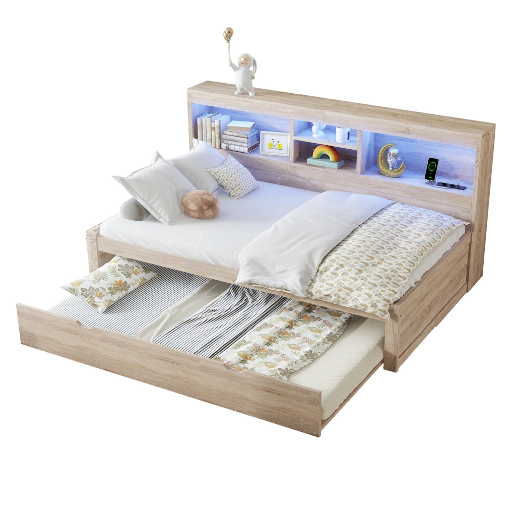 Letto singolo estraibile 90x200 cm con luce ambiente, presa e USB, finitura naturale, senza materasso