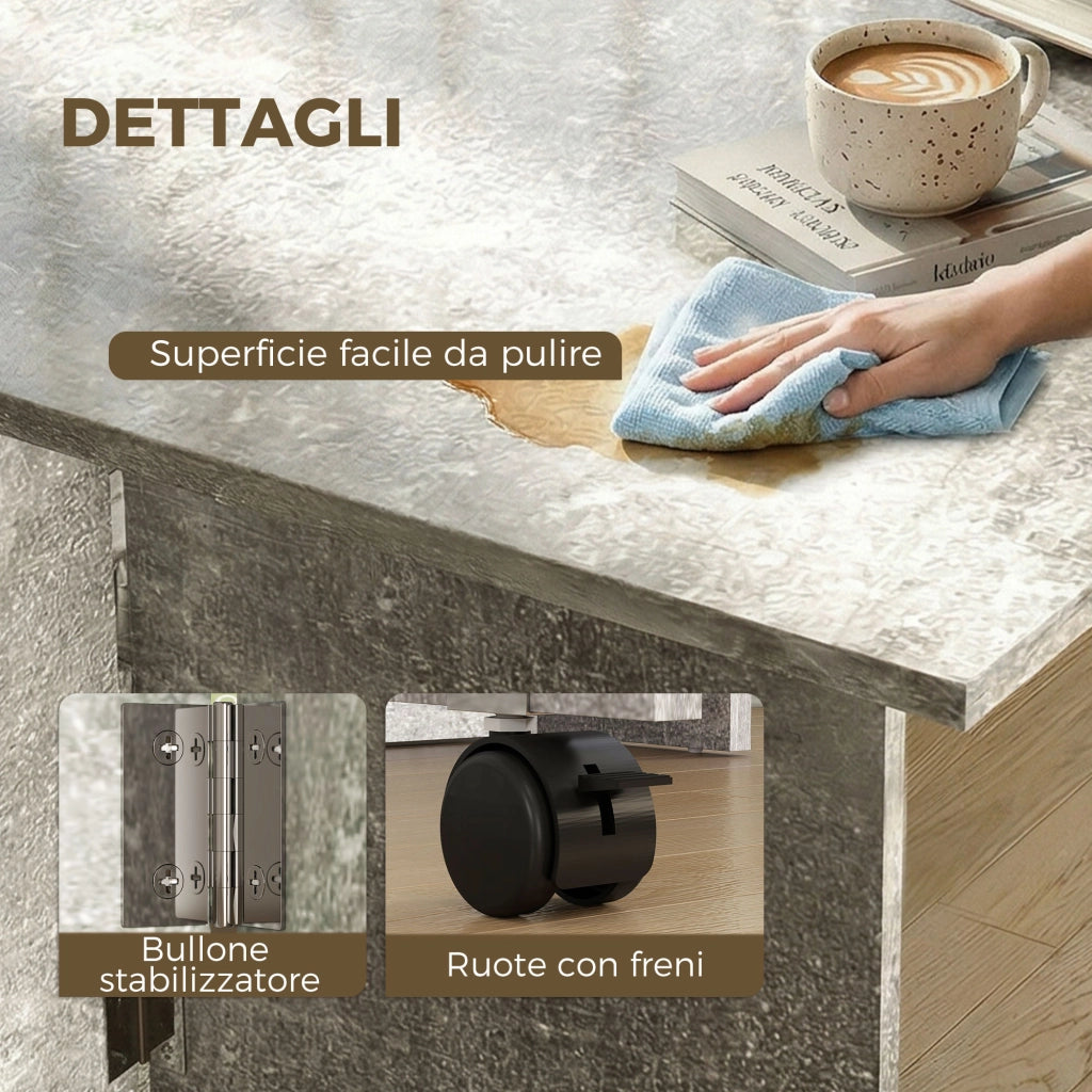 Tavolo da Pranzo Pieghevole 140x80x74 cm con Ripiani Ribalta e Ruote in Melamina Grigio Cemento