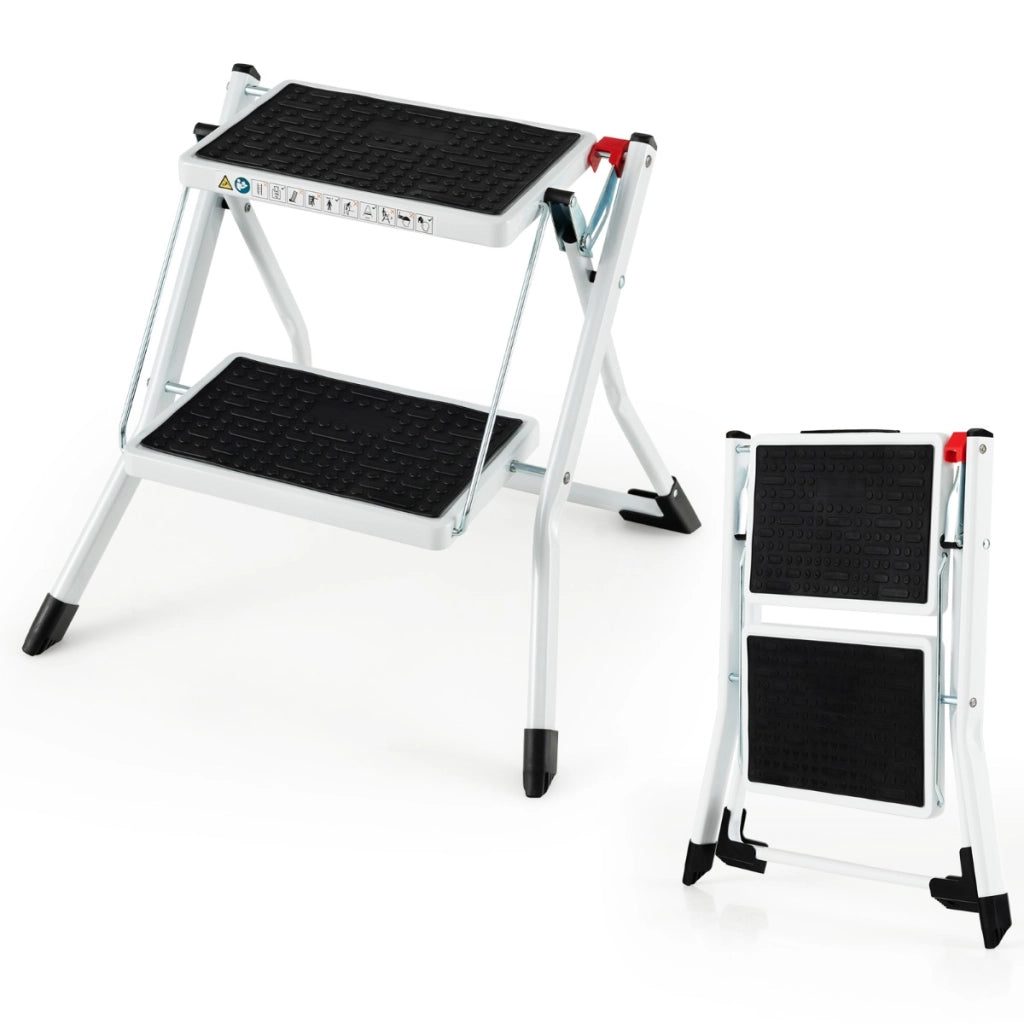 Scala pieghevole a 2 gradini con telaio in metallo, Scala portatile con capacit¨¤ di carico di 150kg Bianca-Scale e ponteggi
