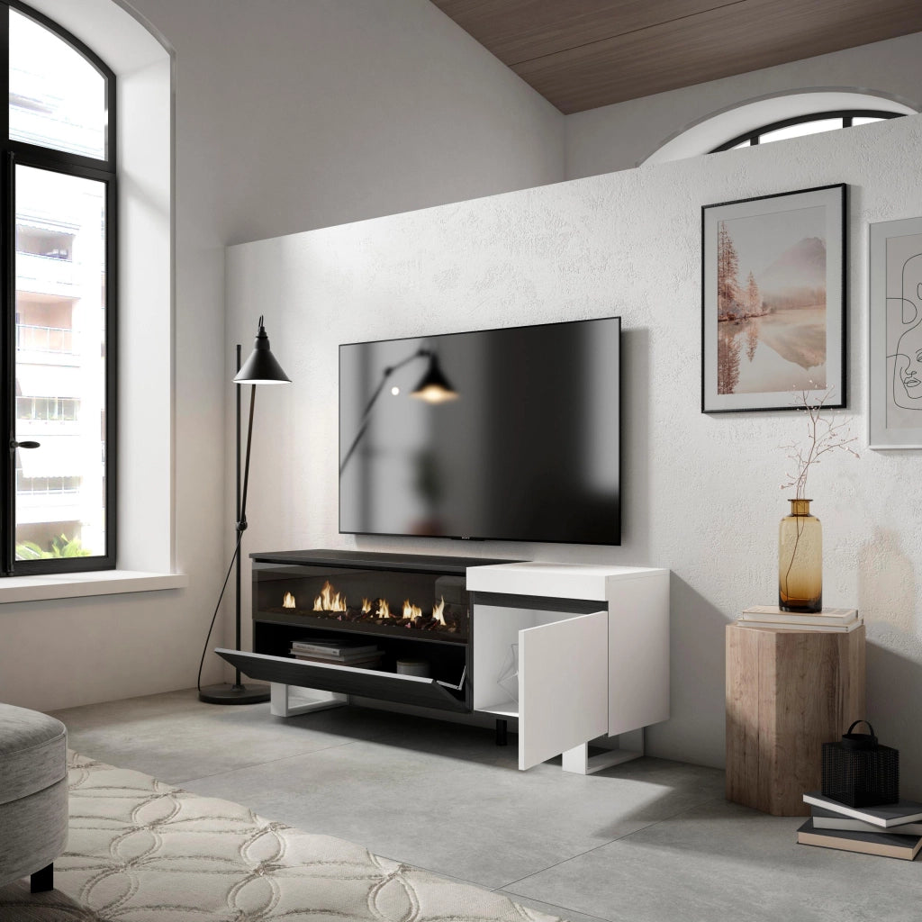 Mobile TV Soggiorno, 150x35x57cm, Per TV fino a 65", Camino elettrico, Design industriale, Bianco e nero RF2443