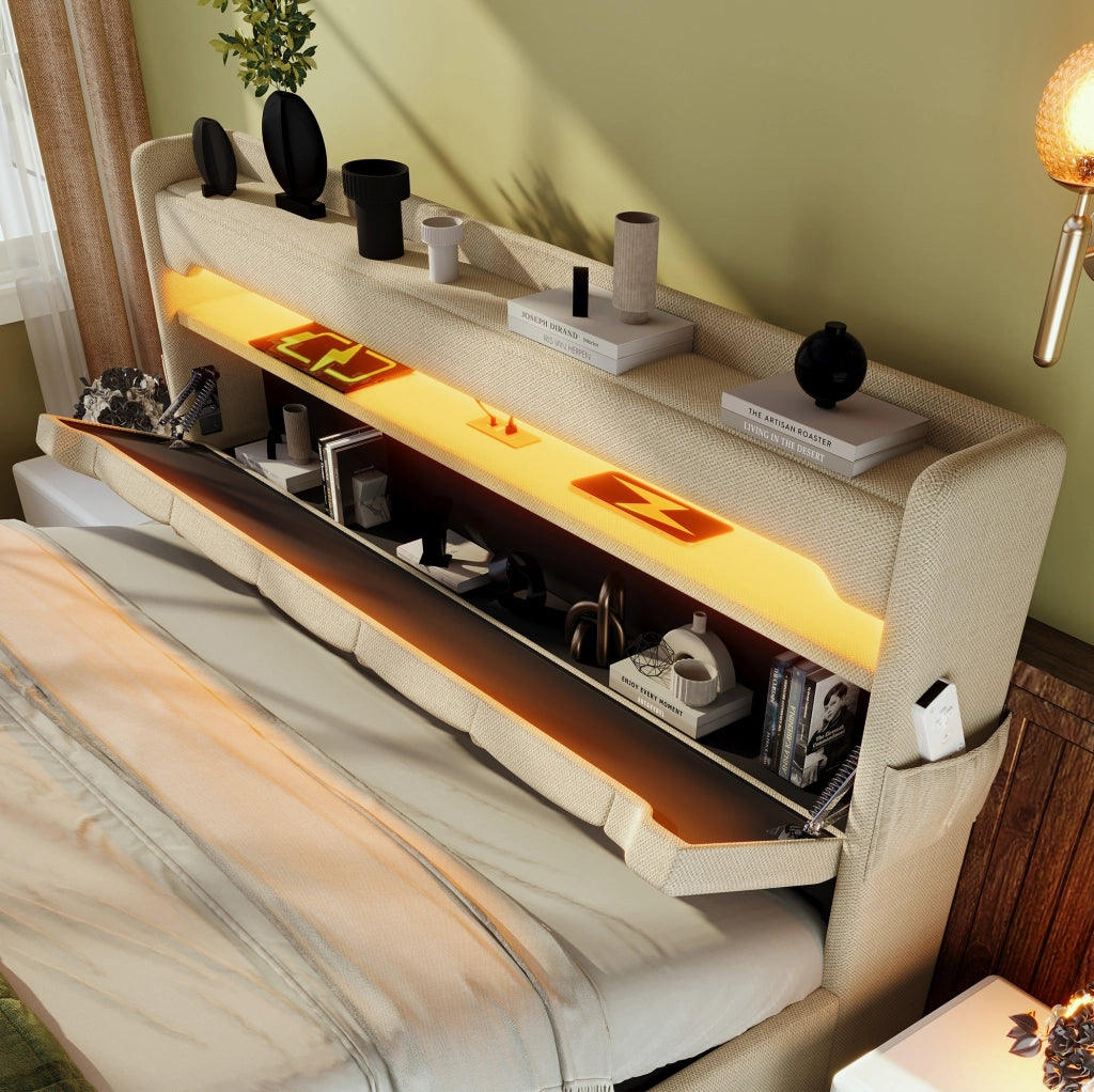 Letto matrimoniale 140x200 cm in lino beige con LED; USB; Type C; contenitore e materasso