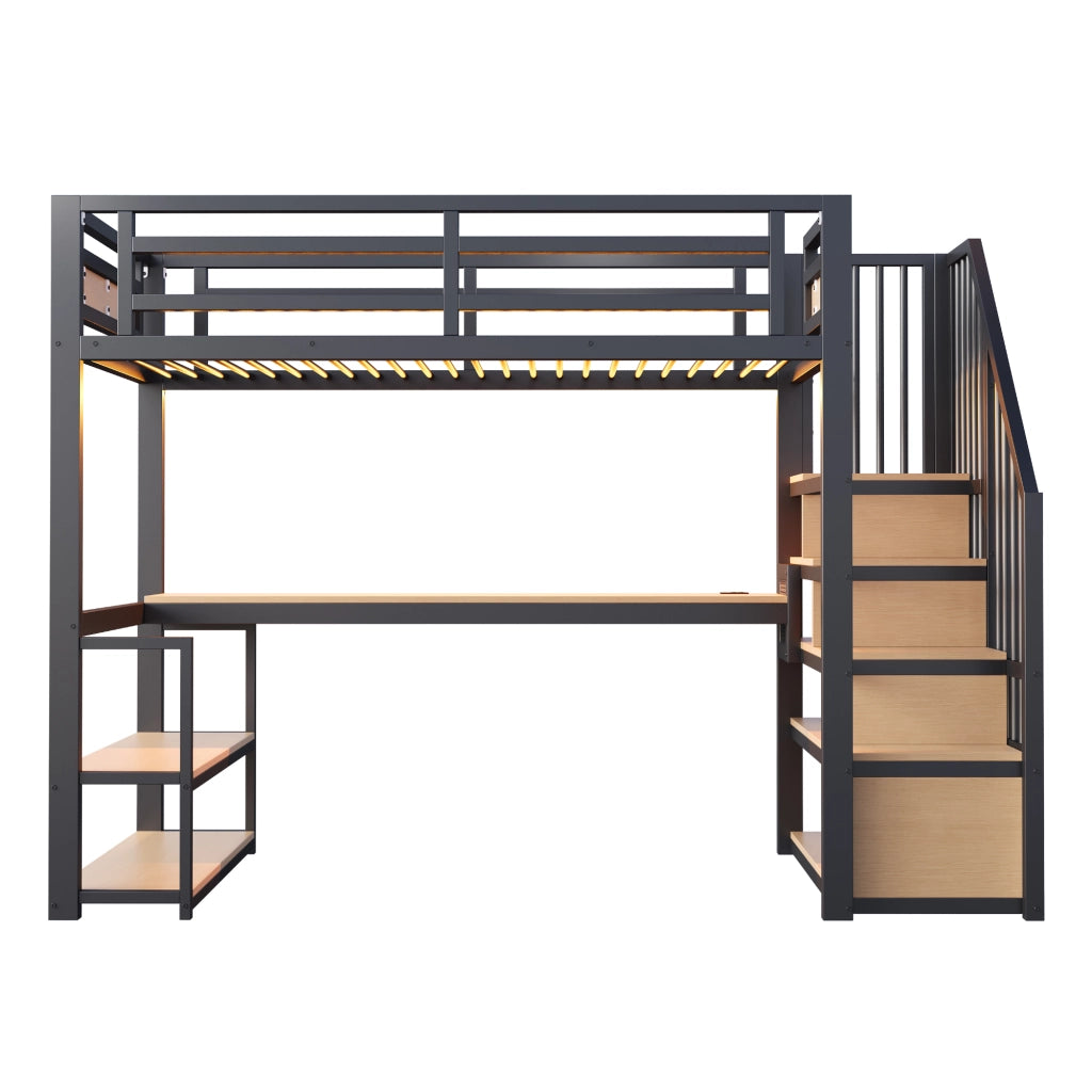 Letto nero in metallo 90*200; striscia LED; presa a presa; scala con ripostiglio; mensole e tavolo da studio