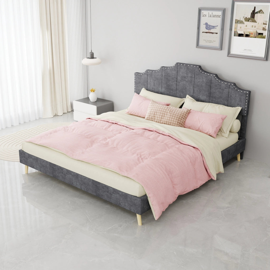 DESMIU Letto matrimoniale 160 × 200 cm con testiera geometrica, in tessuto, senza materasso, grigio