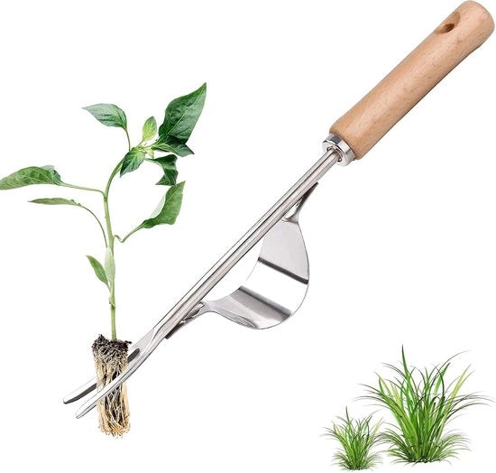 Onkruidsteker manuale in acciaio inossidabile, attrezzi per giardinaggio con manico di legno naturale per scavare, estirpare erbacce, grubber, piantina, trasplantare, strumento per estirpare erbacce portatile e facile da usare