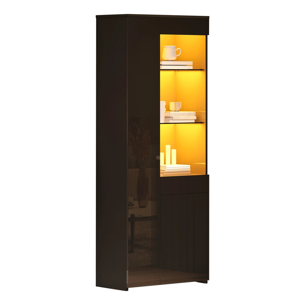 Vetrina alta 70 x 35 x 180 cm con 2 ante, cassetto, LED e finitura nero lucido