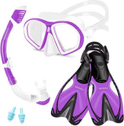 Set di snorkeling per bambini a 3 pezzi con occhiali da sub, snorkel asciutto e pinne regolabili