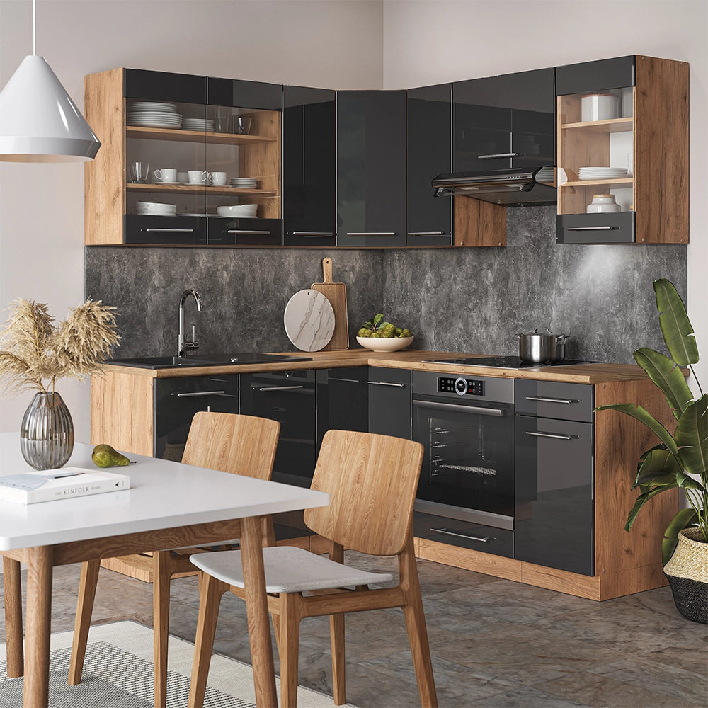 Vicco Cucina angolare completa Antracite lucido/oro power oak 160 x 190 cm , PL Antracite