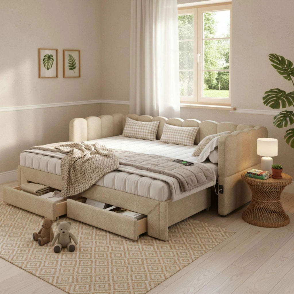 Daybett ausziehbar auf 180x200 cm mit 2 Schubladen; USB- und Typ-C-Anschluss; Chenille beige