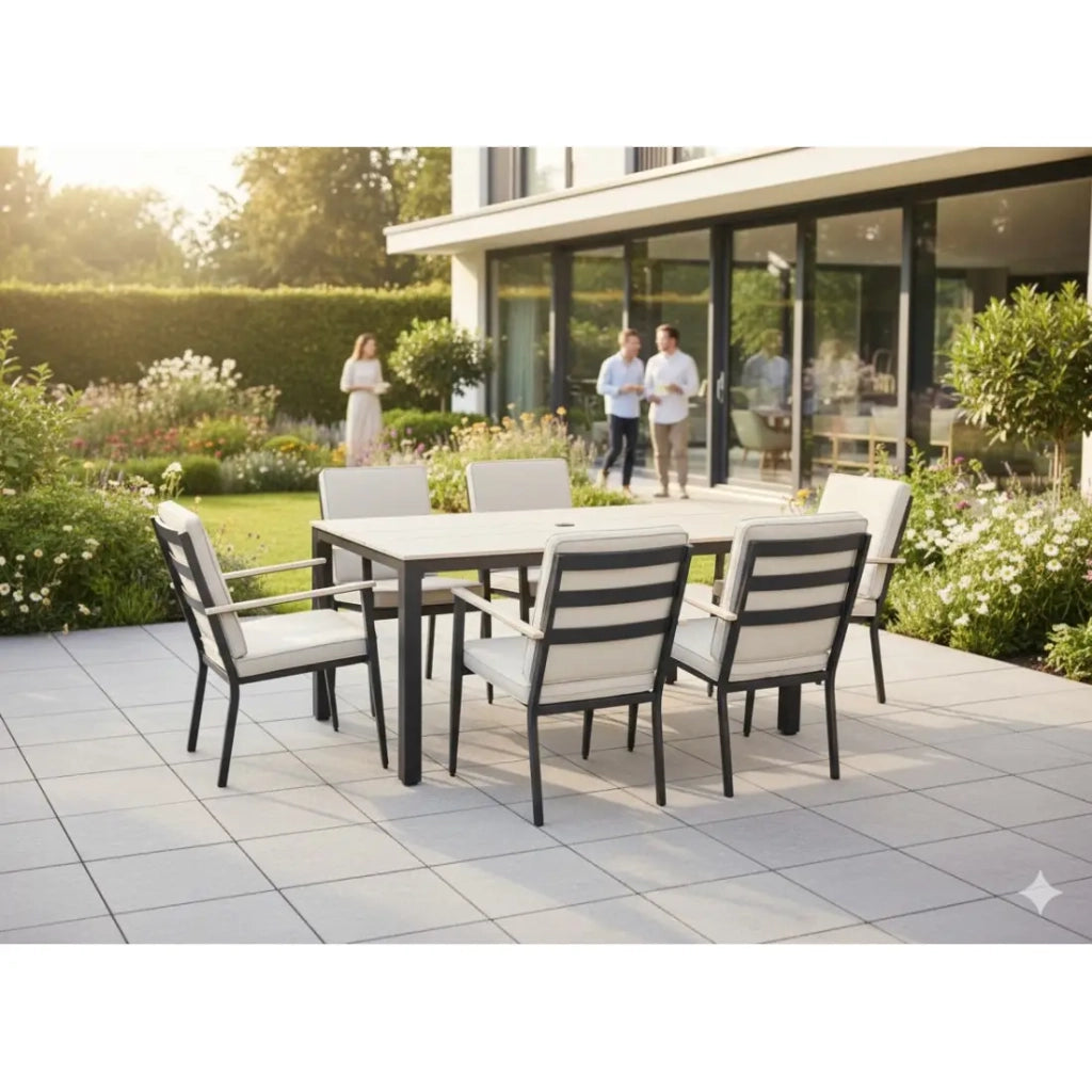 Salotto da giardino VARENA 6 posti in alluminio con tavolo da pranzo e sedie beige