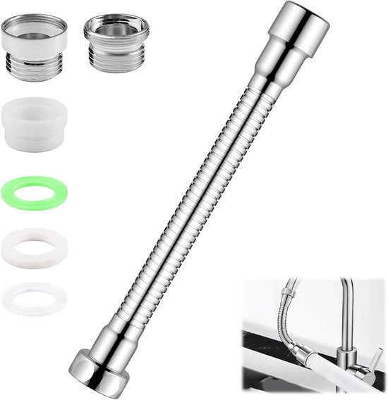 Estensione di Rubinetto in Acciaio Inox da 30 cm con Adattatori e Gomme di Sigillatura - Flessibile e Curvabile - Ideale per Cucina, Bagno, WC, Balcone
